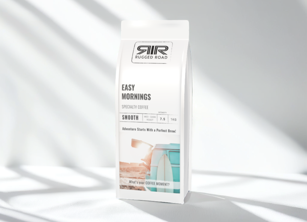 Coffee bag with 'Rugged Road' branding on a white background